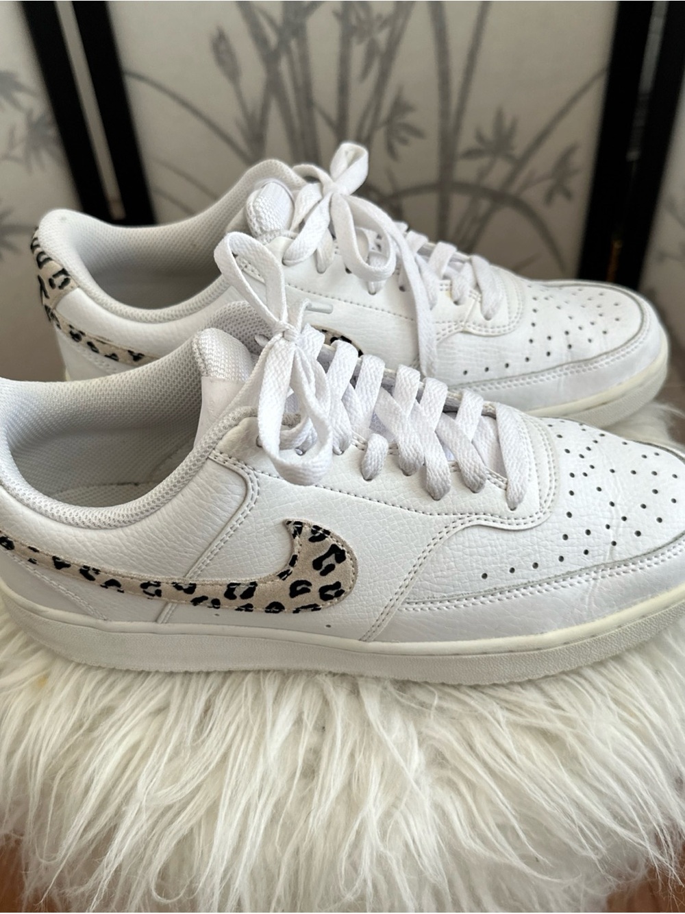 Women’s Nike Court Vision Low Leopard-Print Swoosh DD9665-100, Sz 9